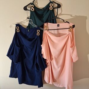 Set of 3 Elegant Women's Tops with Gold Accents rings, open shoulder, Size 4X